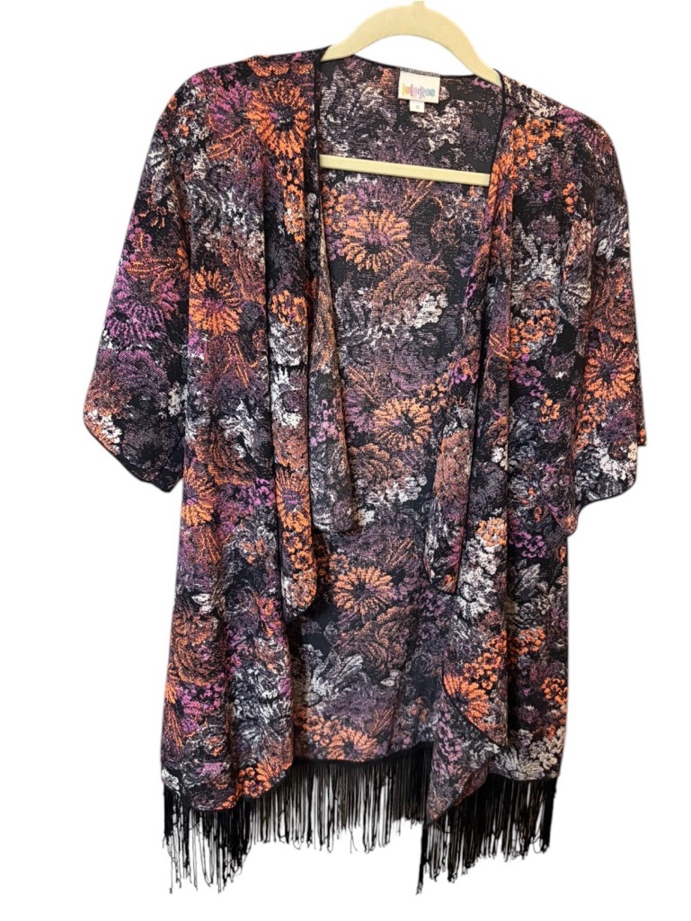 LuLaRoe Black Kimono with Purple & Orange Floral Print